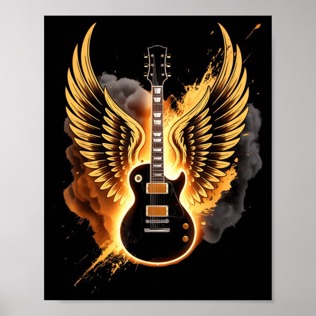 Poster Retro Guitar Wings Abstract Art Rock And Roll Musi (Frente)