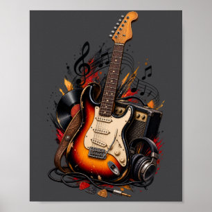 Poster Retro Guitarra Elétrica & Arte de Parede de Música