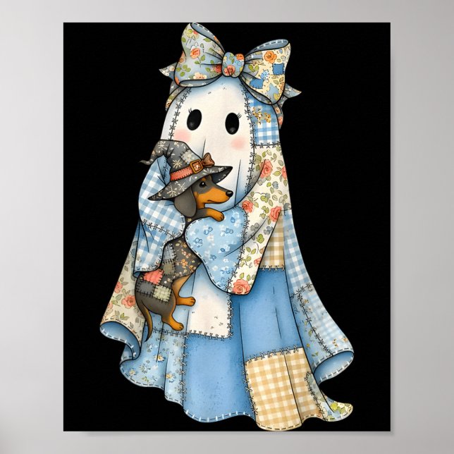 Poster Retro Halloween Blue Denim Ghost Dachshund Funny  (Frente)