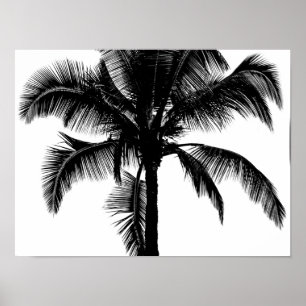 Pôster Retro Hawaiian Tropical Palm Tree Silhouette Black