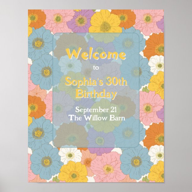 Poster Retro Hippie Floral Birthday Bem-vindo (Frente)