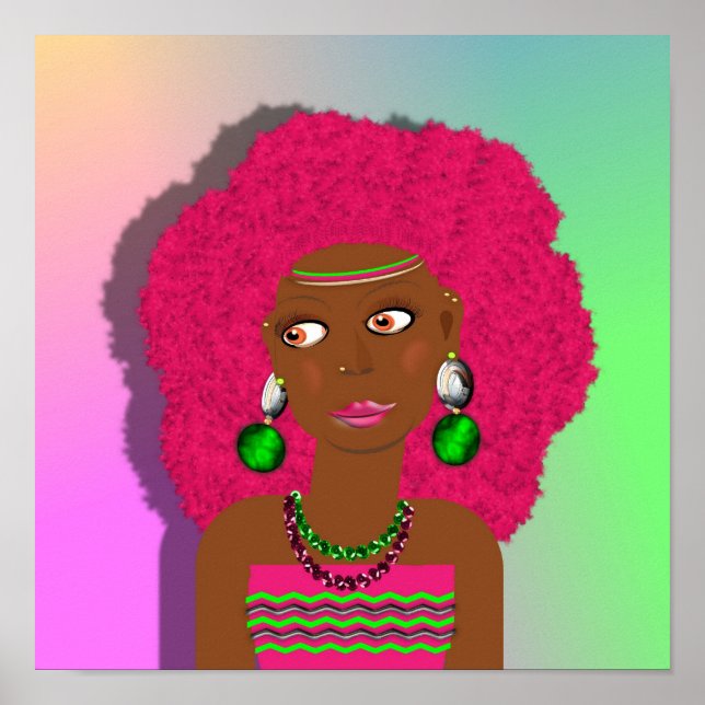 Pôster Retro Hippy Psychedelic Disco Diva Pink Afro Girl (Frente)