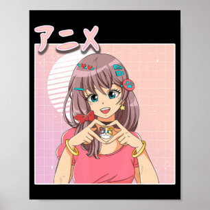 Poster Retro Japonês Anime Menina Vaporwave Aestética Ros