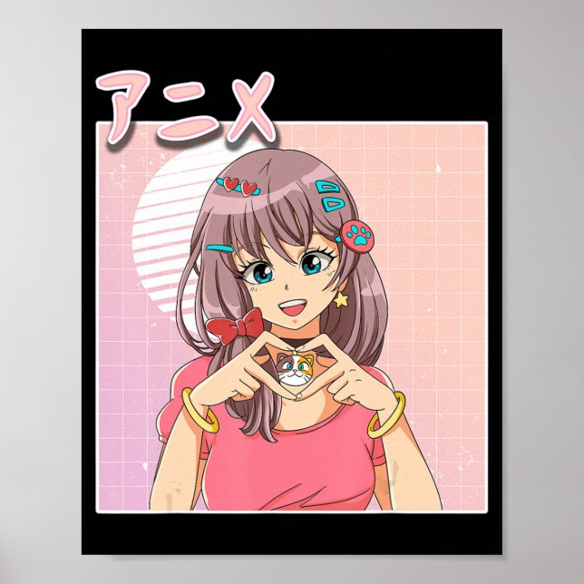 Poster Retro Japonês Anime Menina Vaporwave Aestética Ros (Frente)