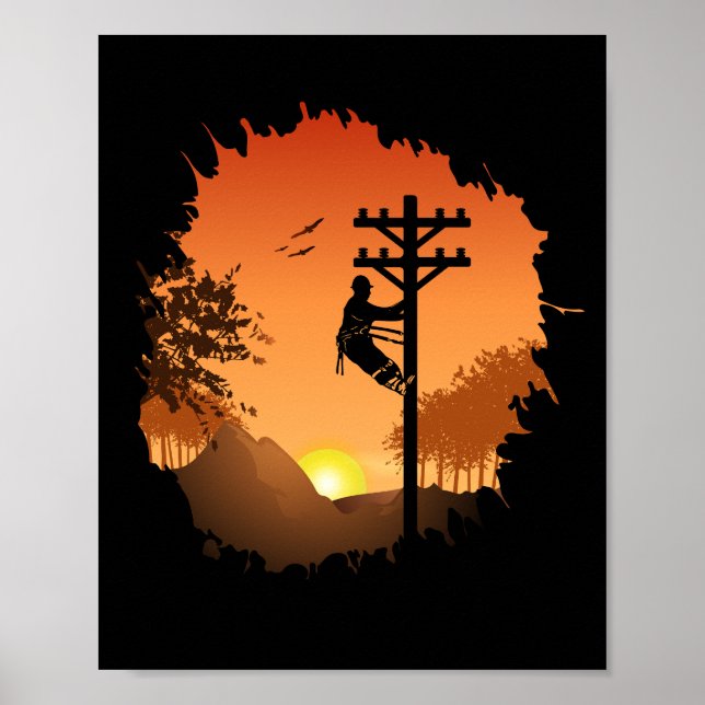 Poster Retro Lineman Sunset Padre Electric Cable Lineman (Frente)