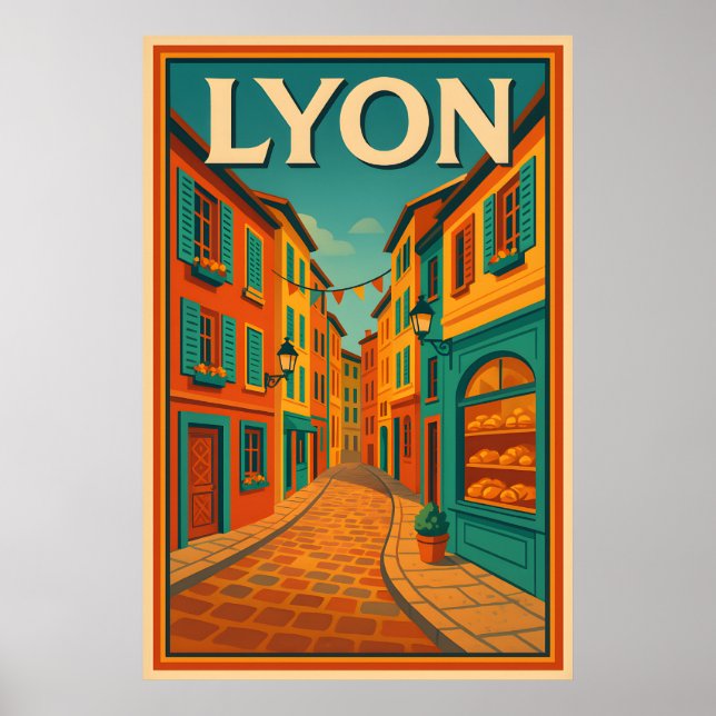Poster Retro Lyon France Viagem: Moderno do século Médio (Frente)
