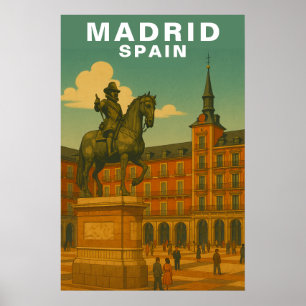 Poster Retro Madrid, Espanha Praça Histórica da Cidade