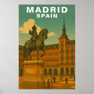Poster Retro Madrid, Espanha Praça Histórica da Cidade