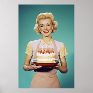 Poster Retro mãe segurando um bolo de celebração