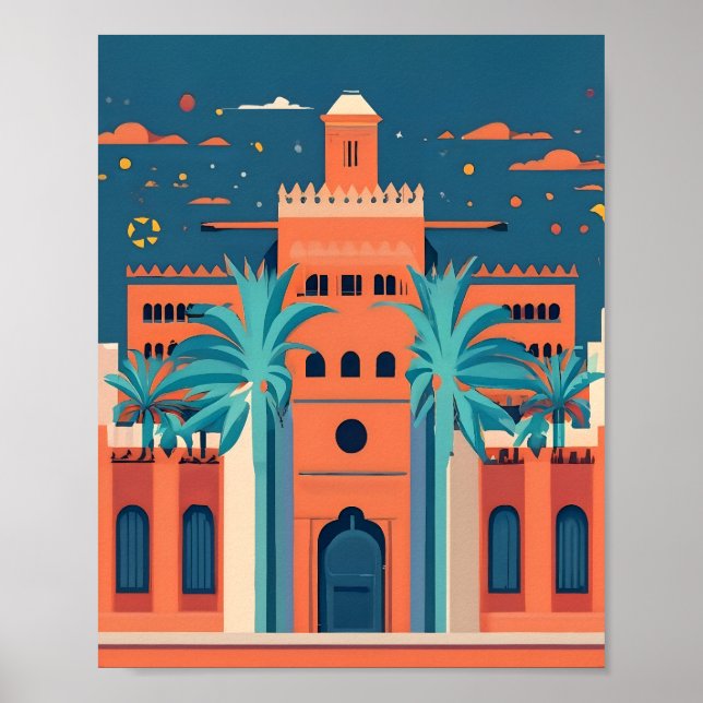 Poster Retro Marrakech Marrocos Landscape Flat Vetor Art (Frente)