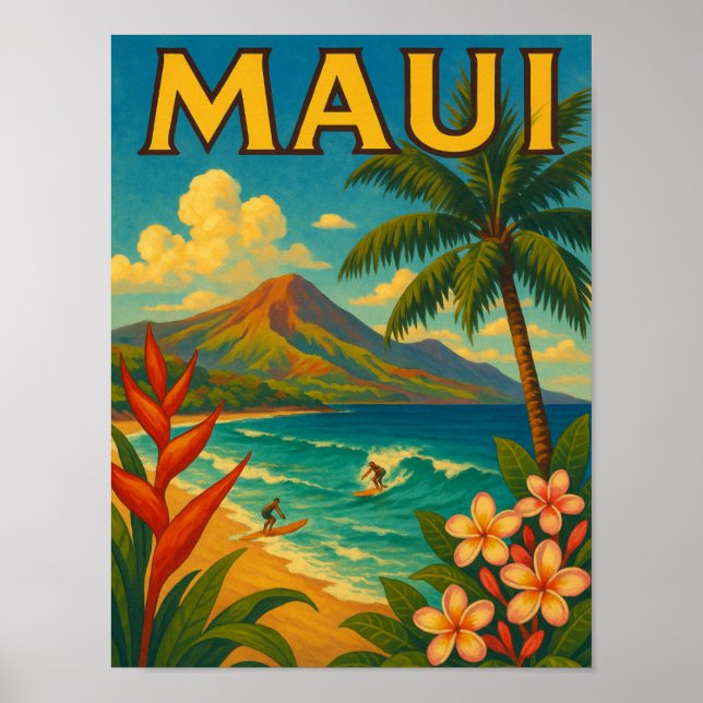 Poster Retro Maui Hawaii Surfer Paradise Viagem (Frente)