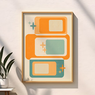 Poster Retro Meados do Século Geométrico Abstrato Azul Tu