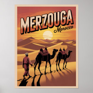 Poster Retro Merzouga passeio de camelo no saara marrocos