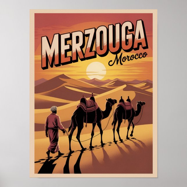 Poster Retro Merzouga sahara camel ride morocco travel gi (Frente)