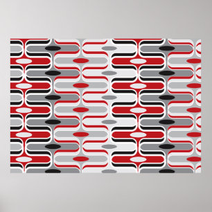 Pôster Retro Mod Art Deco Zig Zag Padrão Funky Vermelho P