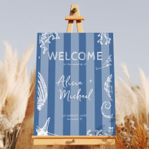 Retro modern beach striped wedding welcome sign