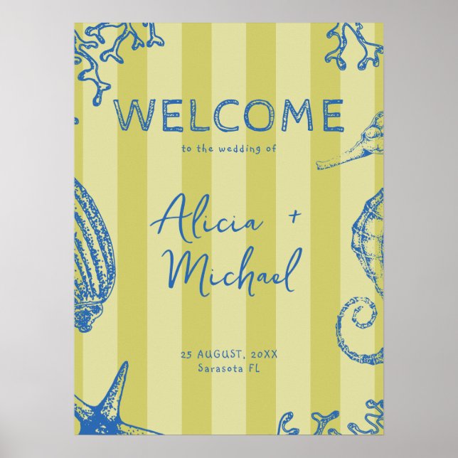 Poster Retro modern beach striped wedding welcome sign (Frente)