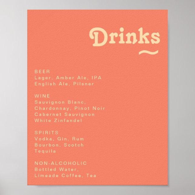 Poster Retro Moderno | Sinal de menu Bebidas Corais (Frente)