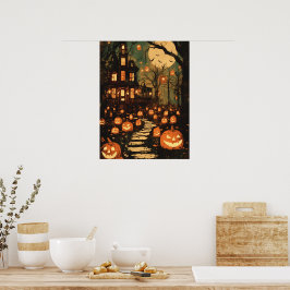 Poster Retro Moonlit Haunted House Pathway