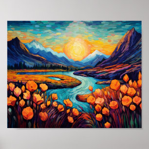 Poster Retro Mountains Landscape Illustration Artistic