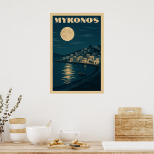 Poster Retro Mykonos Moon Vintage Art Style Viagem