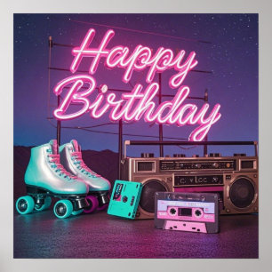 Poster Retro neon Happy Birthday assina rosa e cor-de-ros