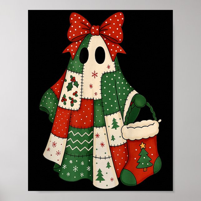 Poster Retro Patchwork Christmas Ghost Coquette Bow X-mas (Frente)