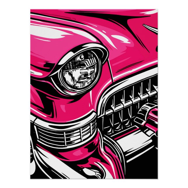 Pôster Retro Pink Classic Car Front Pop Art Illustration (Frente)
