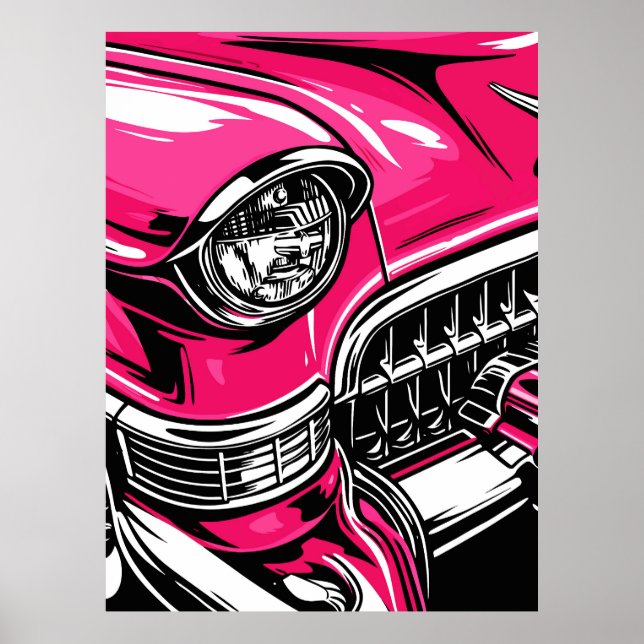 Poster Retro Pink Classic Car Front Pop Art Illustration (Frente)