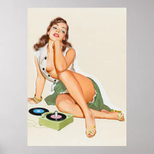 Poster Retro pinup girl ouvindo música