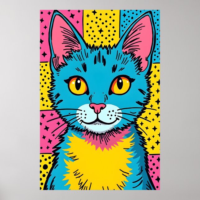 Poster Retro Pop Art 80's Style Blue Cat (Frente)