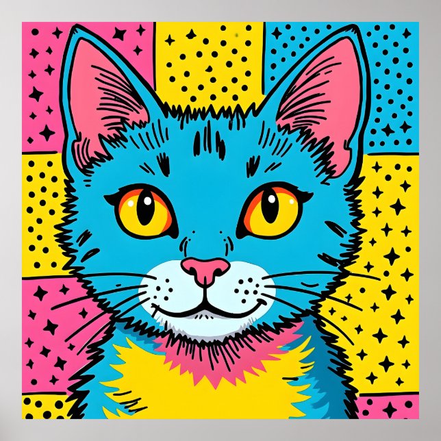 Poster Retro Pop Art 80's Style Blue Cat (Frente)