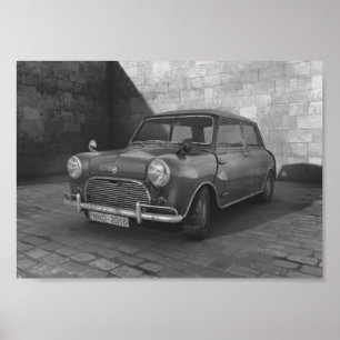Poster retro preto e branco de Mini Cooper do