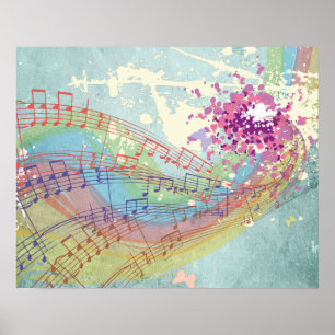 Pôster Retro Rainbow e Music Notes em uma Textura Shabby