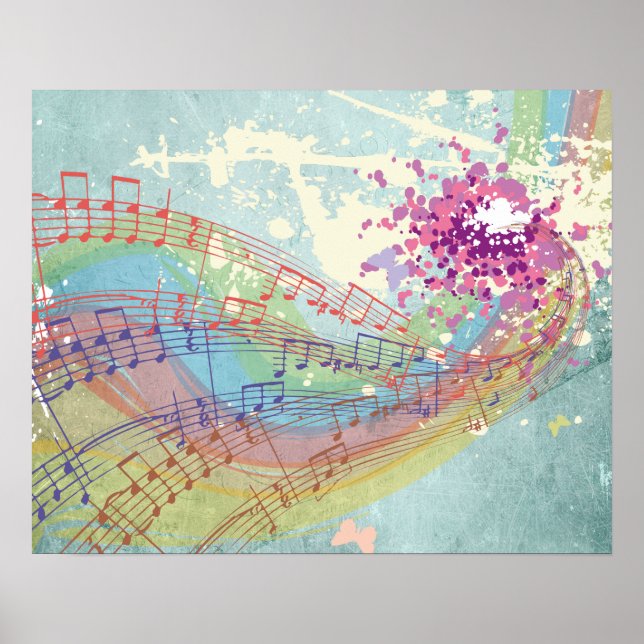 Pôster Retro Rainbow e Music Notes em uma Textura Shabby (Frente)
