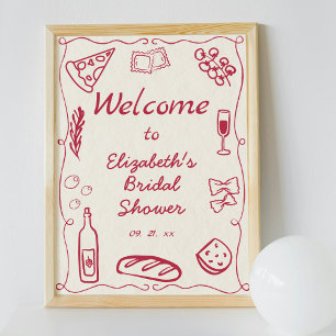 Poster Retro Red Hand Drawn Doodle Italiana Comida Bem-vi