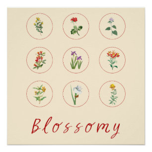 Pôster Retro Red Vintage Hibiscus e Lily Blossom