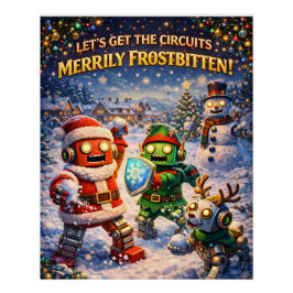Pôster Retro robot Christmas snowball fight greeting