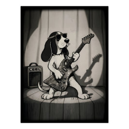 Pôster Retro Rockstar Basset Hound Guitarrista Monocromát