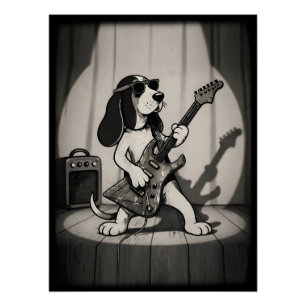 Pôster Retro Rockstar Basset Hound Guitarrista Monocromát