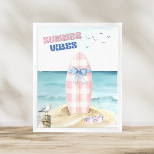 Poster Retro Rosa Azul Surfboard Vibrações de Verão Aquar