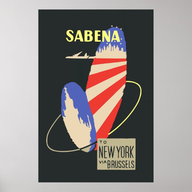 Poster Retro Sabena Airlines a Nova Iorque via Bruxelas (Frente)