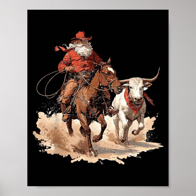 Poster Retro Santa Rodeo Reindeer Cowboy Western Horse Hi (Frente)