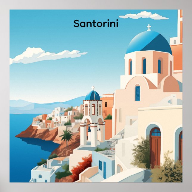 Poster Retro Santorini Greece Mediterranean Blue & White  (Frente)