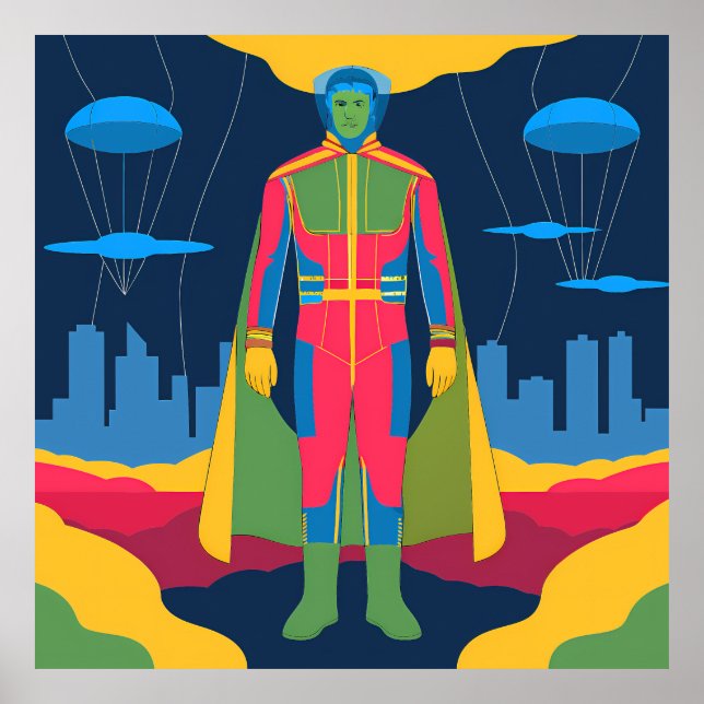 Poster Retro Sci-Fi Hero Over Cityscape (Frente)