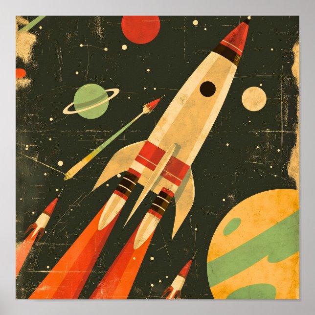 Poster Retro Sci-Fi Rocket Space Illustration Design (Frente)
