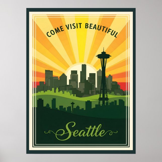 Poster Retro Seattle skyline with space needle at sunset (Frente)