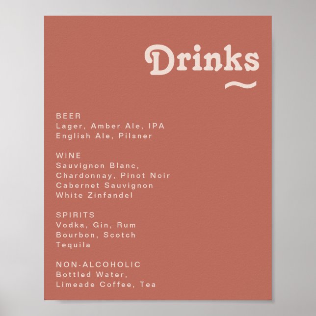 Poster Retro Simples | Sinal de menu Bebidas Rosa antigas (Frente)