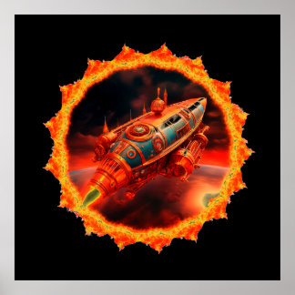 Poster Retro Steampunk Moon Rocket