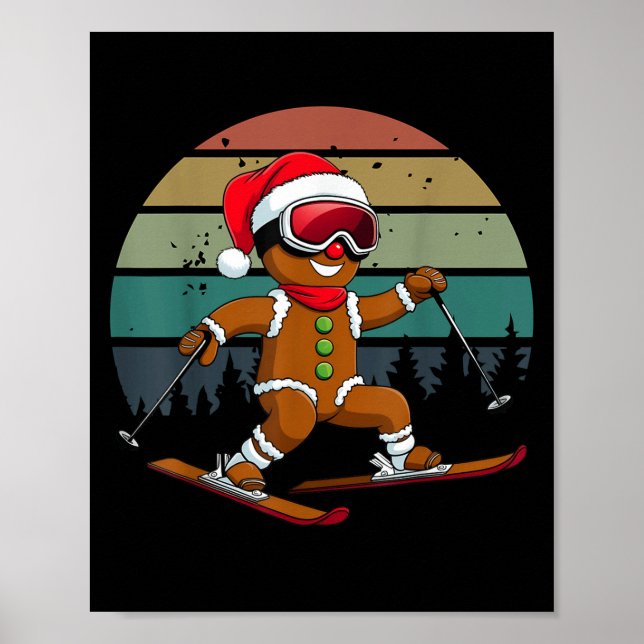Poster Retro Sun Gingerbird Man Skiing Santa Hat Xmas Sk (Frente)